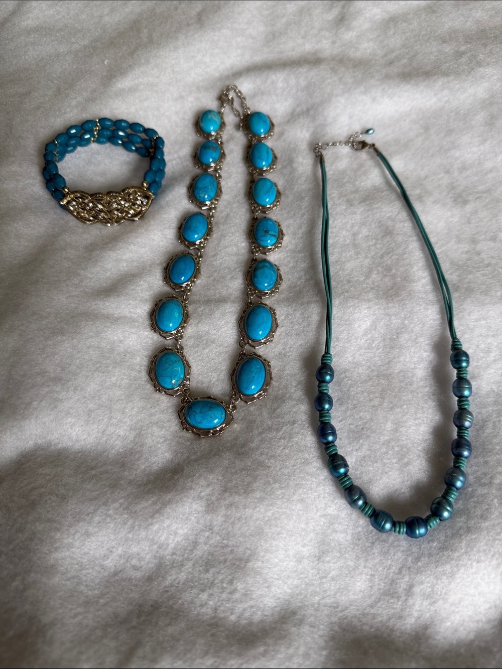 2 Necklaces and 1 Bracelet: Turquoise Blue Statement Necklace